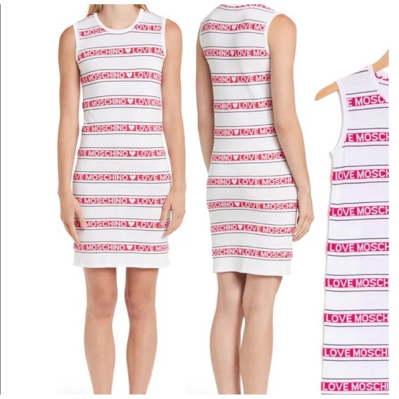 Love Moschino Dresses & Skirts - Love Moschino Womens White Pink Logo Stripe Heart Sleeveless Knit Dress Size 6